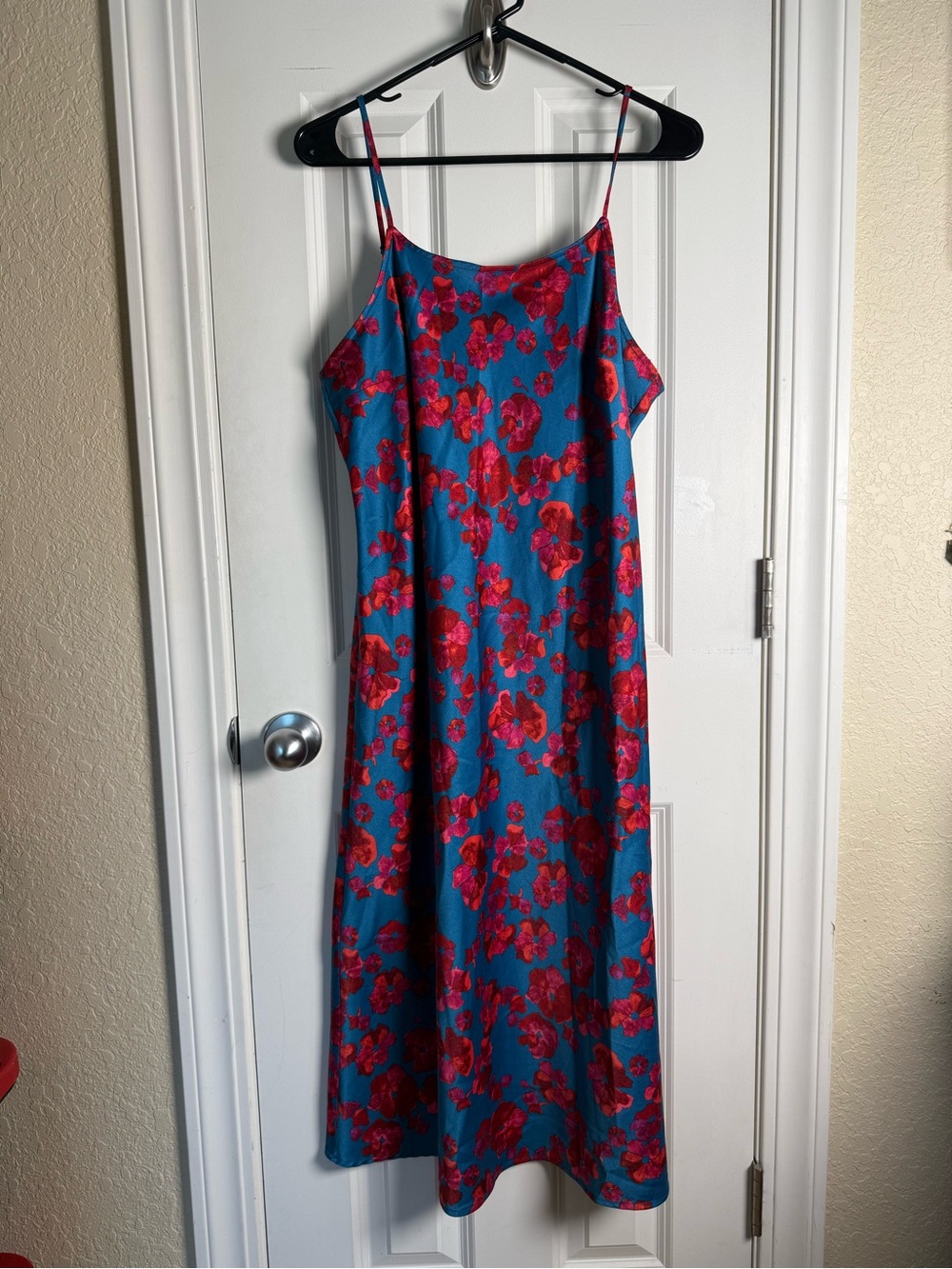 a new day Blue Slip Midi Dress with Red Floral Print